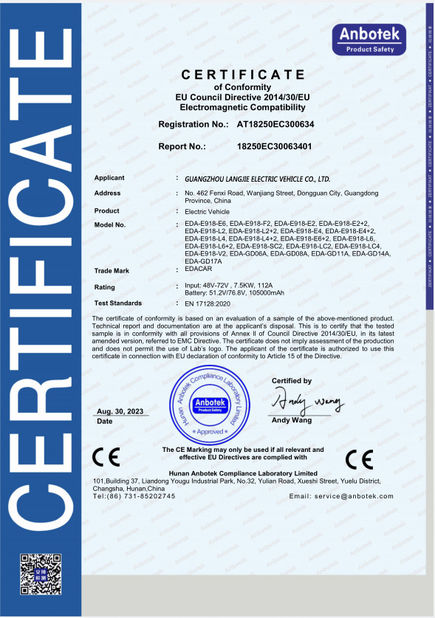 চীন Guangzhou Langjie Electric Vehicle Co., Ltd. সার্টিফিকেশন
